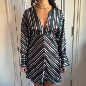Alexis deep v-neck Long Sleeve Dress in Green maroon + White Stripes size medium